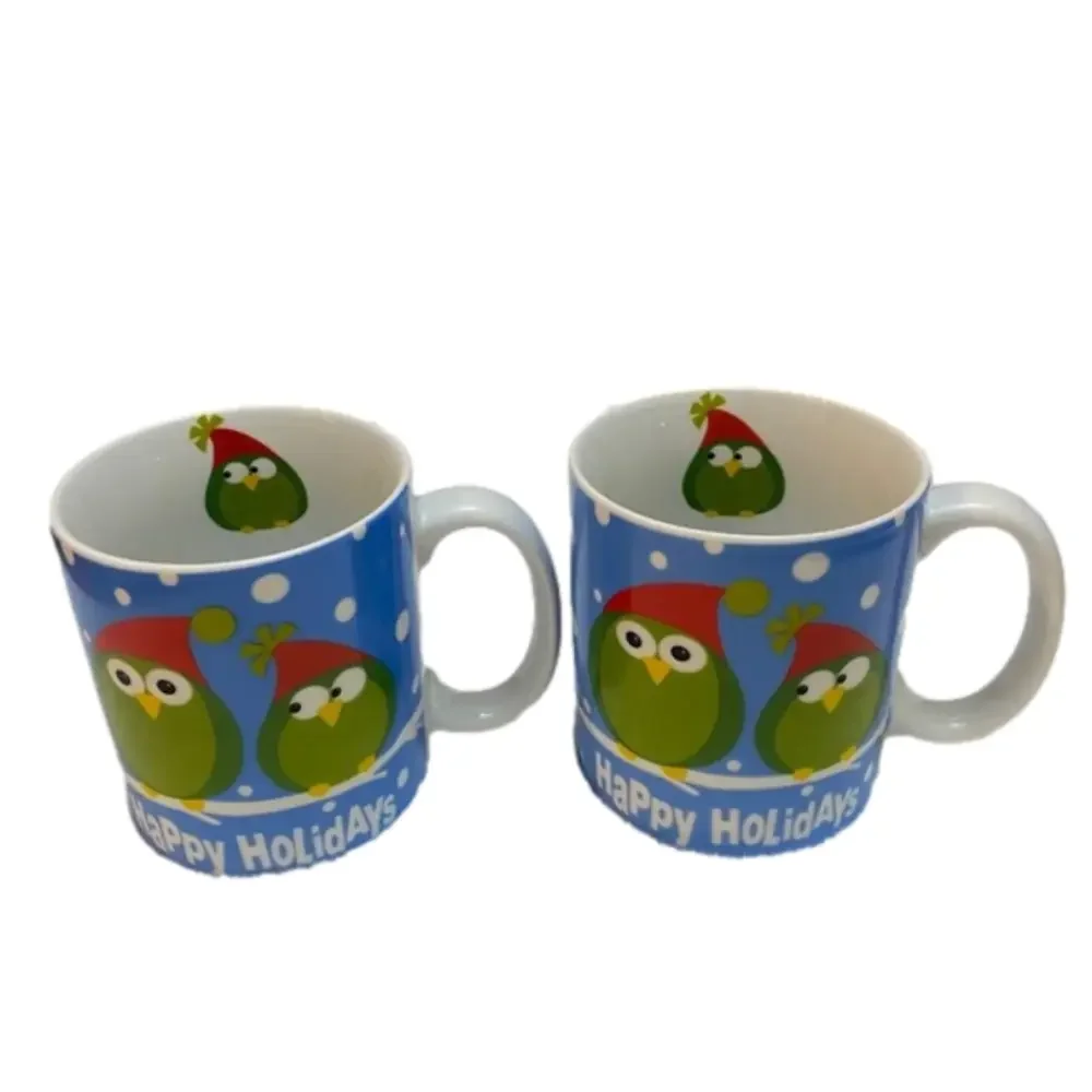 Pier 1 Holiday Owl Mugs – Set of 2 – Christmas Ceramic Cups